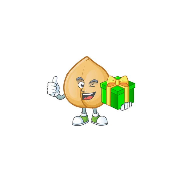 Karakter kartun dari kacang arab bahagia dengan kotak hadiah - Stok Vektor