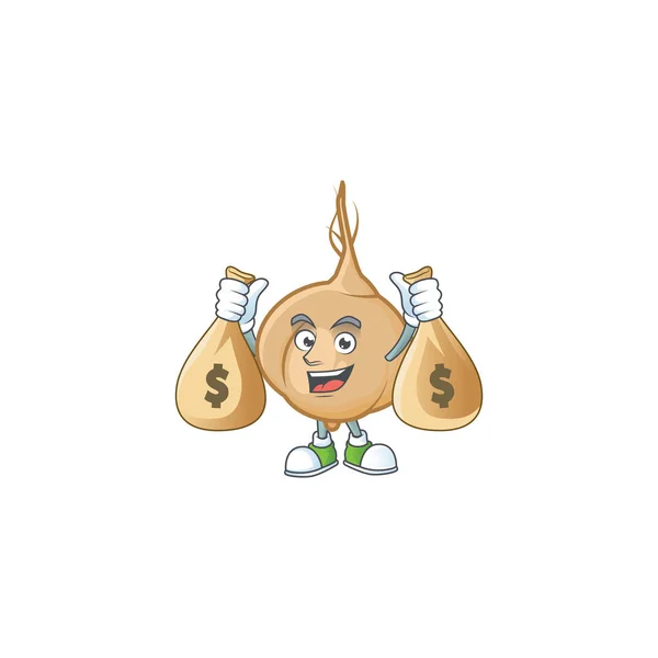 Симпатичный персонаж мультфильма Джикама улыбается с сумкой денег — стоковый вектор