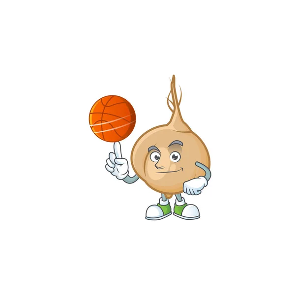 Mascote de estilo de personagem de desenho animado jicama com basquete —  Vetores de Stock