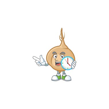 Saat gibi gülümseyen jicama çizgi film maskot stiliyle