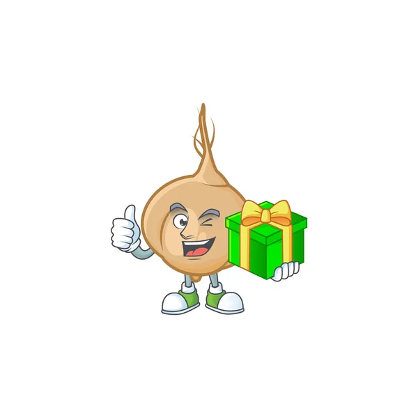 Karakter kartun dari happy jicama dengan kotak hadiah - Stok Vektor