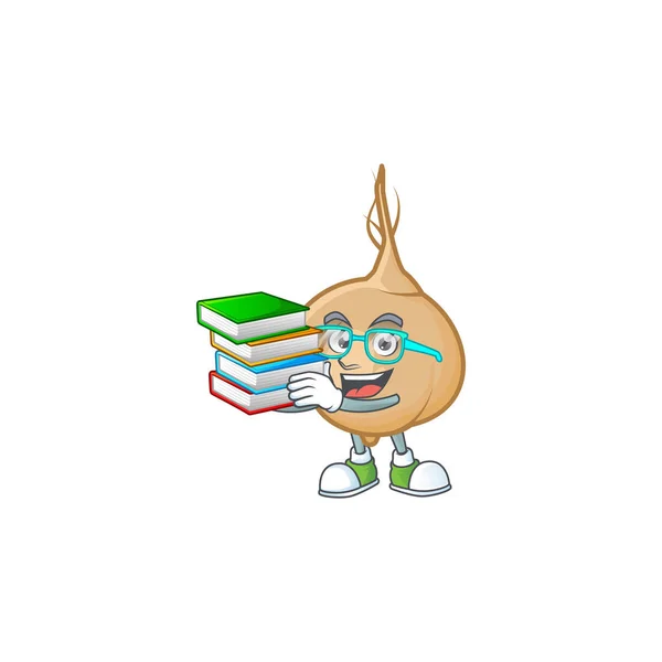 Estudiante con libro jicama mascota personaje de dibujos animados estilo — Vector de stock