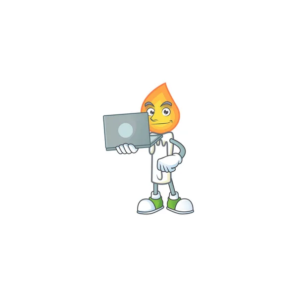 Smart candela bianca personaggio dei cartoni animati che lavora con il computer portatile — Vettoriale Stock