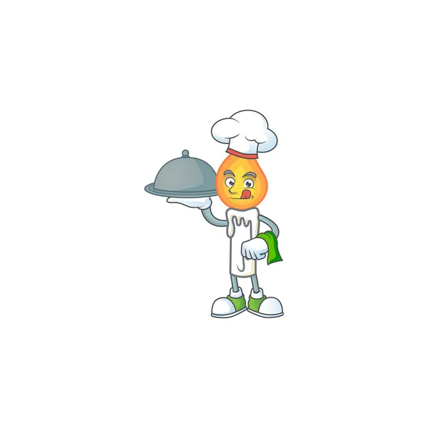Linda vela blanca como chef con sombrero y bandeja de diseño de estilo de dibujos animados — Vector de stock