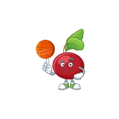 Mutlu yüz kırmızı pancar yeşili çizgi film karakteri basketbol oynuyor.