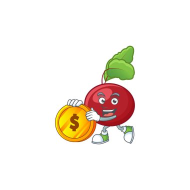 Mutlu yüz kırmızı pancar yeşil çizgi film karakteri altın sikke ile