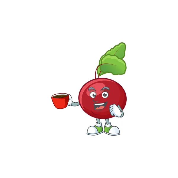 Foto van rode bieten groen karakter met een kopje koffie — Stockvector