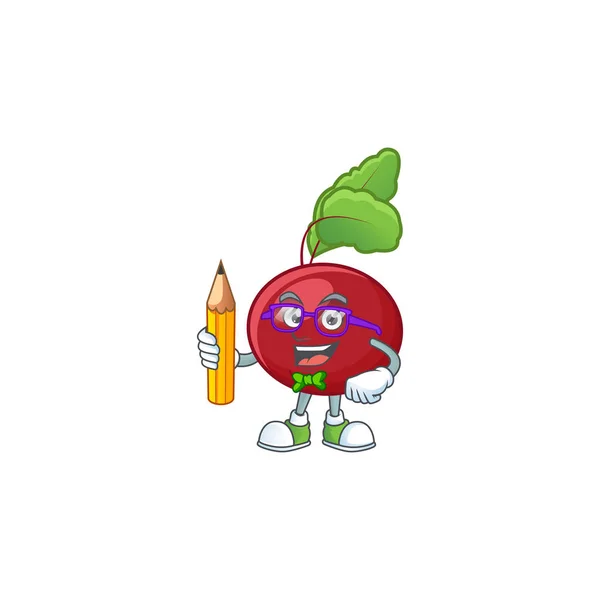 Cool smart Student red beet greens mascot with a pencil — Stock Vector