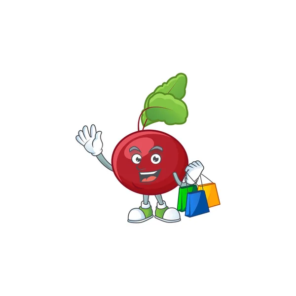 Alegre remolacha roja verde mascota agitando y sosteniendo bolsas de compras — Vector de stock
