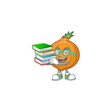Maskot karakteri üzerine kitap arpacık soğanı olan öğrenci