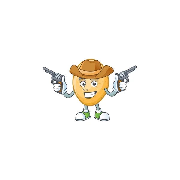 Ícone de mascote de batata sorridente como um cowboy segurando armas — Vetor de Stock