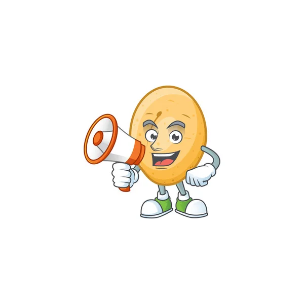 Megaphone 으로 웃는 감자의 만화 캐릭터 — 스톡 벡터
