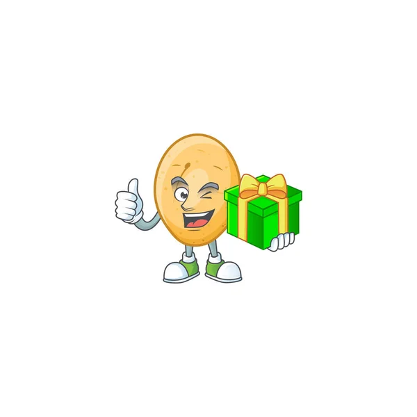 Karakter kartun dari happy potato dengan kotak hadiah - Stok Vektor