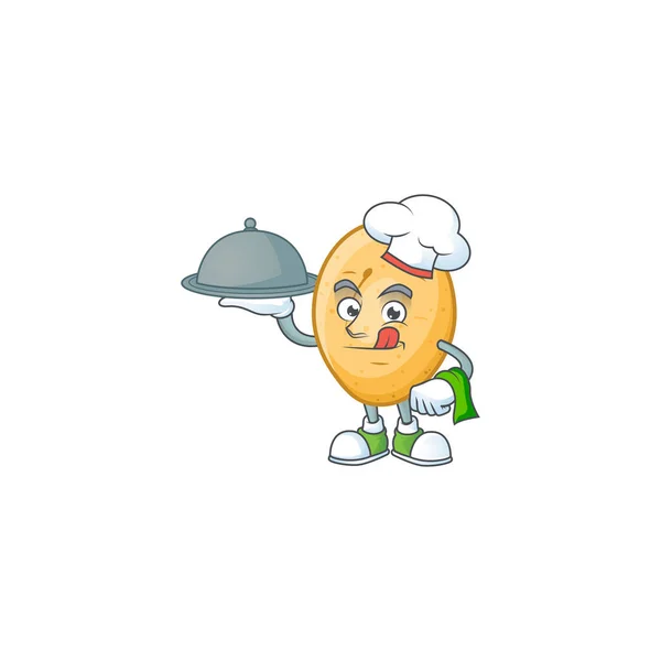 Batata bonito como um Chef com chapéu e bandeja desenho animado estilo — Vetor de Stock