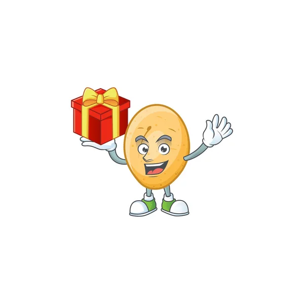 Caractère de dessin animé pomme de terre avec une boîte de cadeau — Image vectorielle