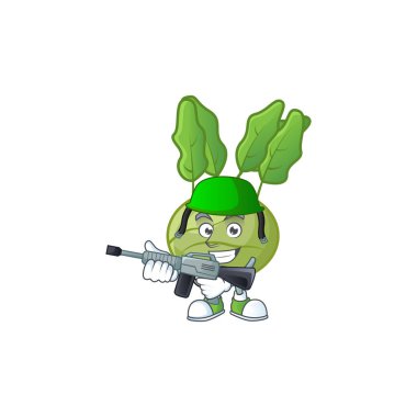 Bir kohlrab maskotu makineli tüfekli bir ordu gibi