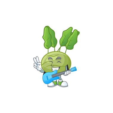 Gitarlı sevimli ve havalı kohlrab çizgi film karakteri performansı