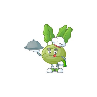 Şapkası ve tepsisi çizgi film tasarımı olan bir şef olarak şirin kohlrab