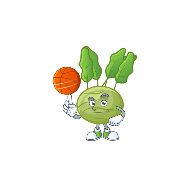 Cara feliz Kohlrab personaje de dibujos animados jugando baloncesto — Vector de stock