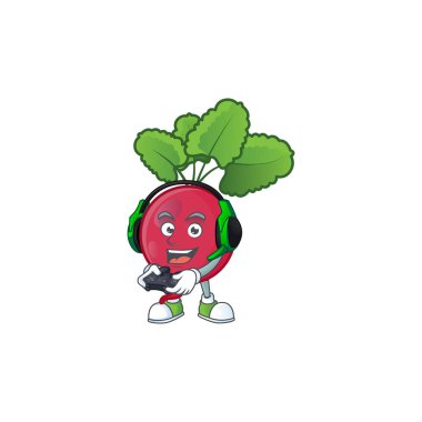 Kulaklık ve kontrol cihazıyla kırmızı turpun maskot simgesi