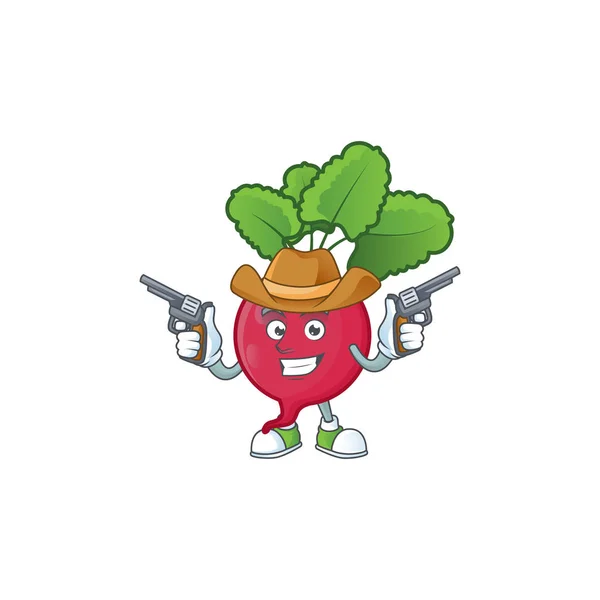 Smiling red radish mascot icon as a Cowboy holding guns — Stock Vector