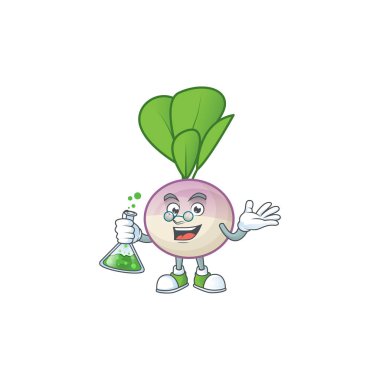 Akıllı şalgam çizgi film karakteri cam tüp tutuyor.