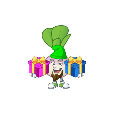 Mutlu şalgam karikatür tasarımı Noel hediye kutuları ile