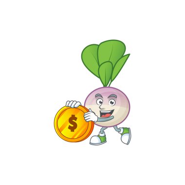 Mutlu yüzlü şalgam karikatür karakteri altın sikke ile