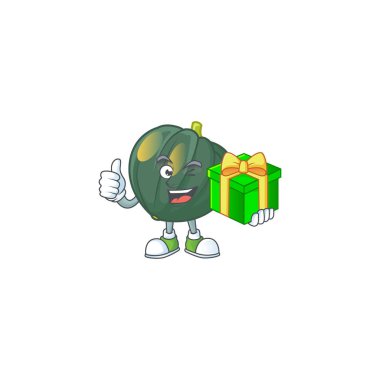 Mutlu meşe palamudu ve hediye kutusu olan çizgi film karakteri