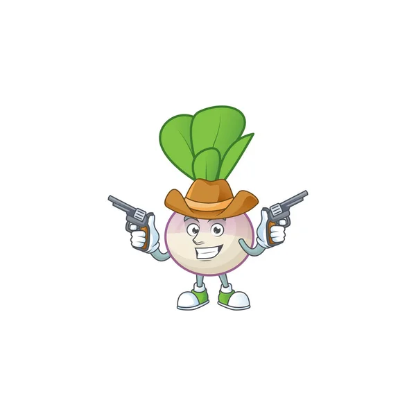 Smiling turnip mascot icon as a Cowboy holding guns — Stock Vector
