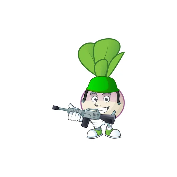 A mascot of turnip as an Army with machine gun — Stock Vector