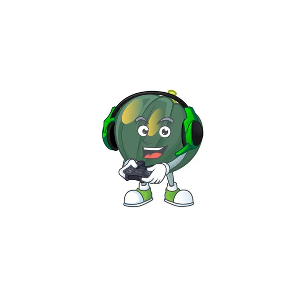 Mascot icon of acorn squash with headphone and controller — ストックベクタ