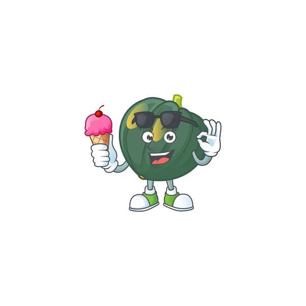 Cute acorn squash cartoon character with ice cream — Stock Vector