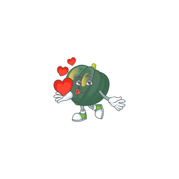 Felice ghianda zucca cartone animato personaggio mascotte con cuore — Vettoriale Stock