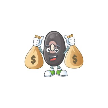 İki para çantası olan mutlu siyah fasulye çizgi film karakteri.