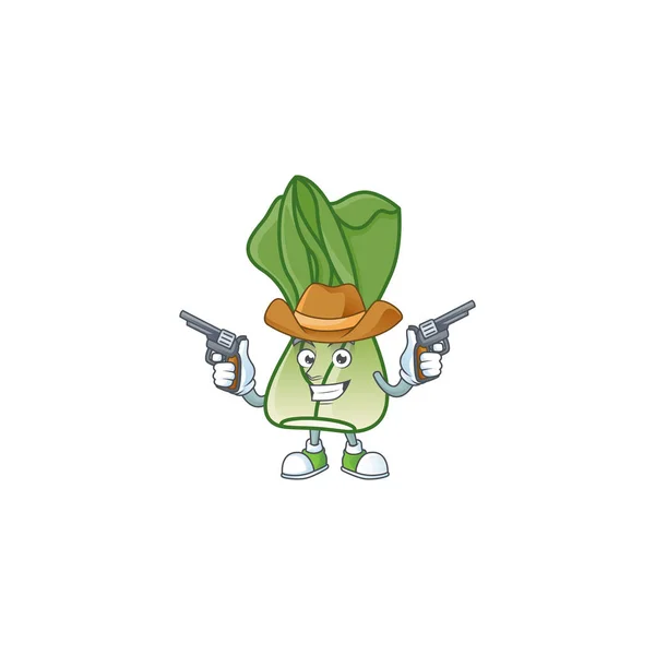 Smiling bok choy mascot icon as a Cowboy holding guns — Stock Vector