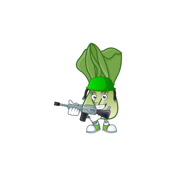 A mascot of bok choy as an Army with machine gun — Stock Vector