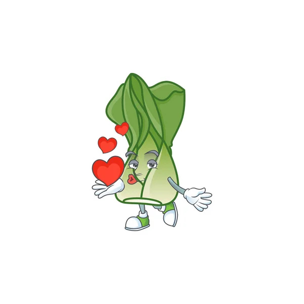 Feliz bok choy mascote personagem de desenho animado com coração — Vetor de Stock
