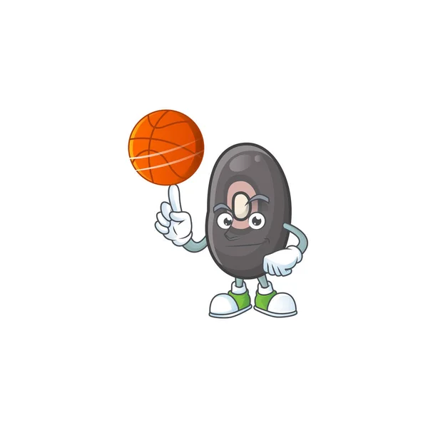 Cara feliz feijão preto personagem dos desenhos animados jogando basquete — Vetor de Stock
