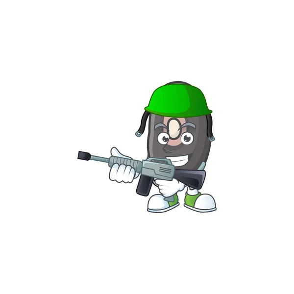 Una mascota de frijoles negros como un ejército con ametralladora — Vector de stock