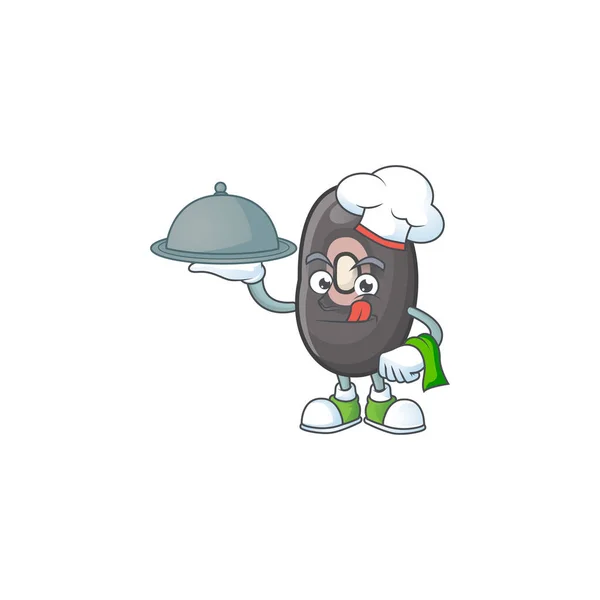 Cute czarny fasola jako szef kuchni z kapeluszem i tacy kreskówki styl projektowania — Wektor stockowy