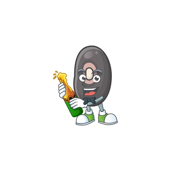 Feijão preto feliz com design de personagem de desenho animado de cerveja — Vetor de Stock