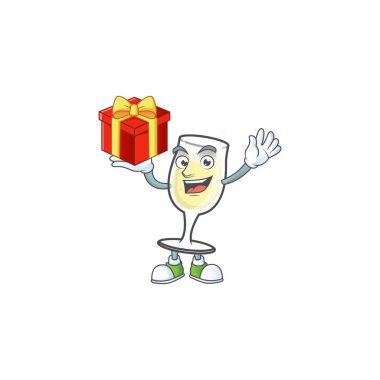 Elinde hediye kutusu olan şampanya kadehli çizgi film karakteri.