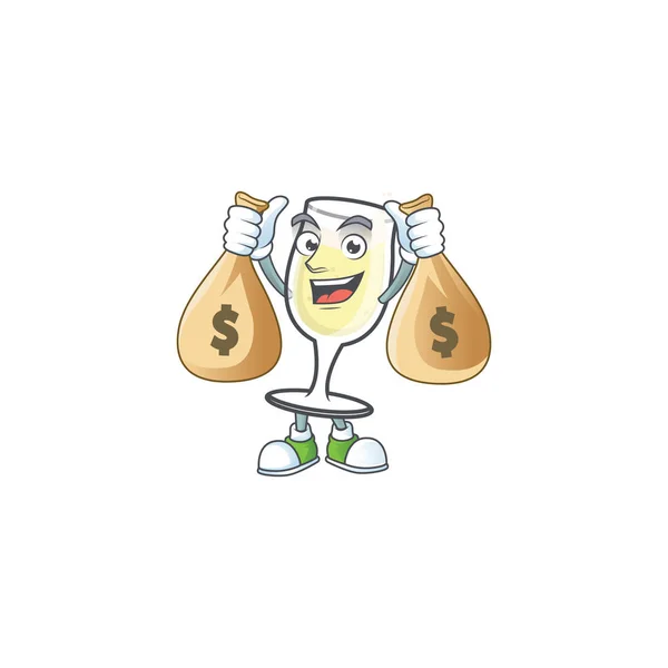 Happy champagne glass cartoon character with two money bags — Stock Vector