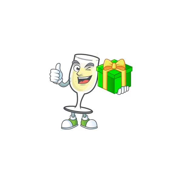 Personaje de dibujos animados de copa de champán feliz con caja de regalo — Vector de stock