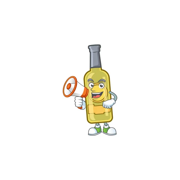 Usmívající se kreslený charakter šampaňského žlutá láhev s megafonem — Stockový vektor