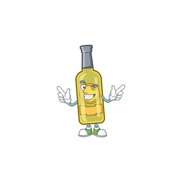 Divertido champán amarillo botella de dibujos animados estilo de carácter con ojo guiño — Vector de stock
