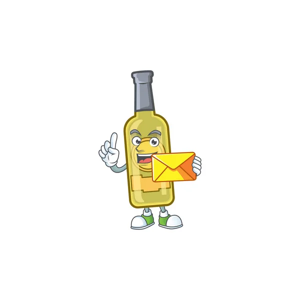 Veselý šampaňské žlutá láhev maskot karikatura s obálkou — Stockový vektor
