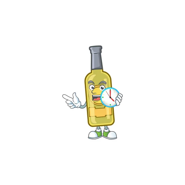Happy champagne žlutá láhev karikatura maskot styl s hodinami — Stockový vektor