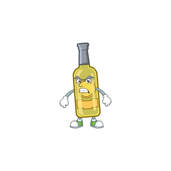 Obrázek žluté láhve šampaňského kreslený postava s rozzlobenou tváří — Stockový vektor